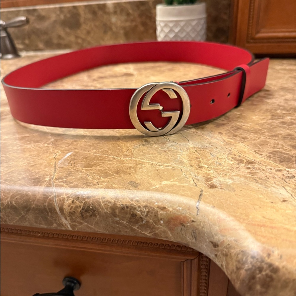 Gucci Red Belt with Silver Logo Buckle